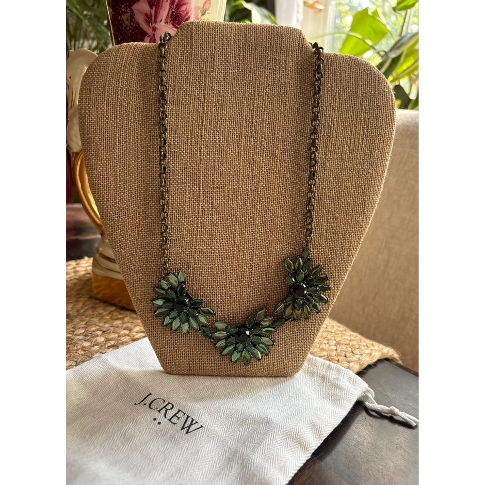 J.Crew Antique Brass Green Floral Gem Statement Necklace w/ Dust Bag